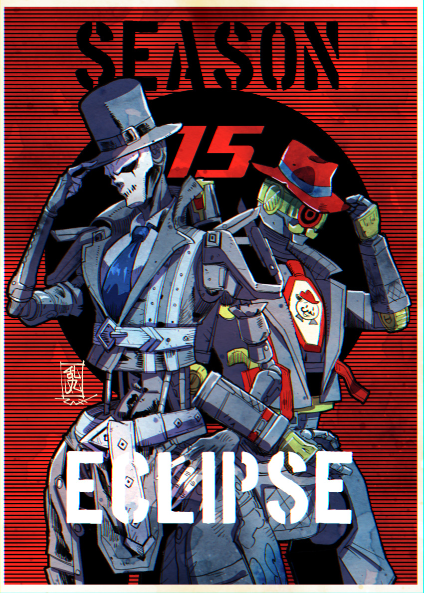 2boys, apex_legends, black_eyes, blue_necktie, collared_shirt, fedora, grey_shirt, grey_vest