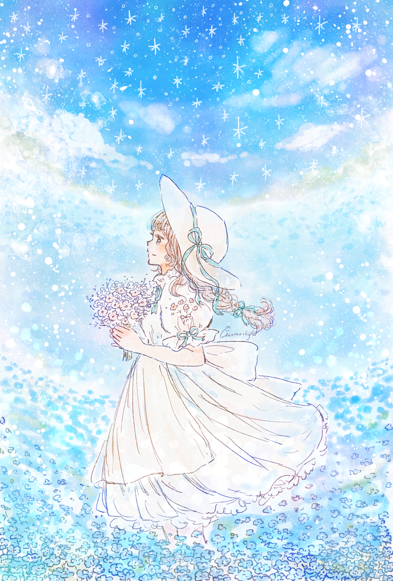 1girl, bangs, blue_flower, blue_ribbon, blue_sky, braid, clouds, dress