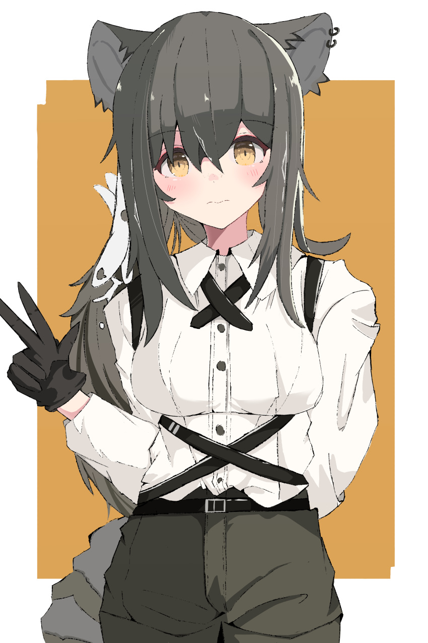1girl, absurdres, animal_ears, arknights, arm_behind_back, bangs, black_hair, black_shorts
