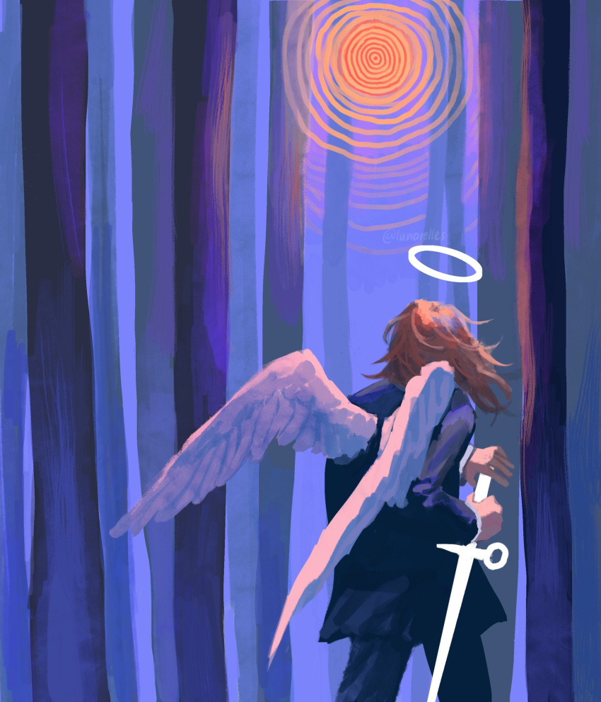 1boy, angel_devil_(chainsaw_man), angel_wings, black_jacket, black_pants, blue_theme, chainsaw_man, commentary