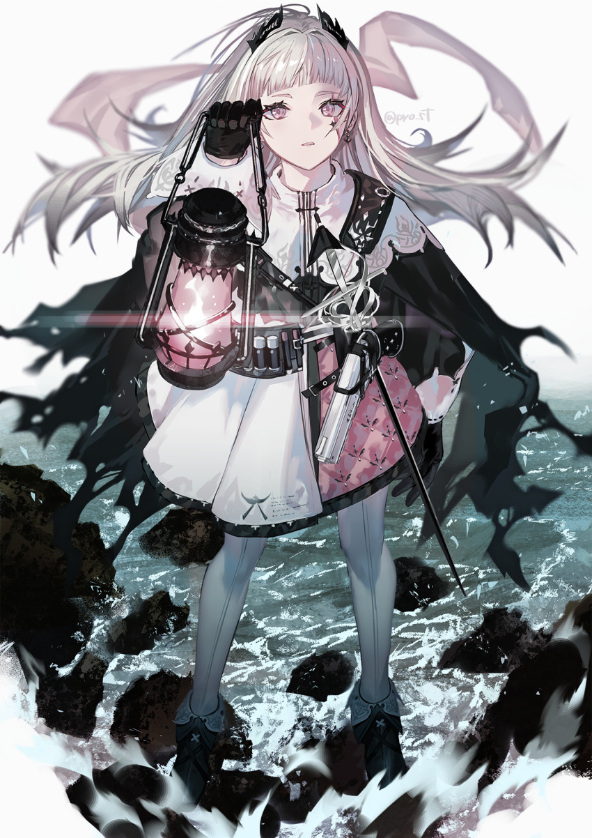 1girl, arknights, black_footwear, black_gloves, black_jacket, capelet, commentary_request, floating_hair
