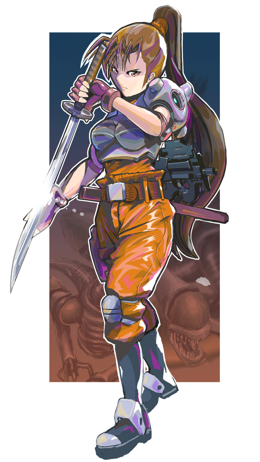 1girl, absurdres, alien, alien_vs._predator, angry, armor, belt, belt_buckle