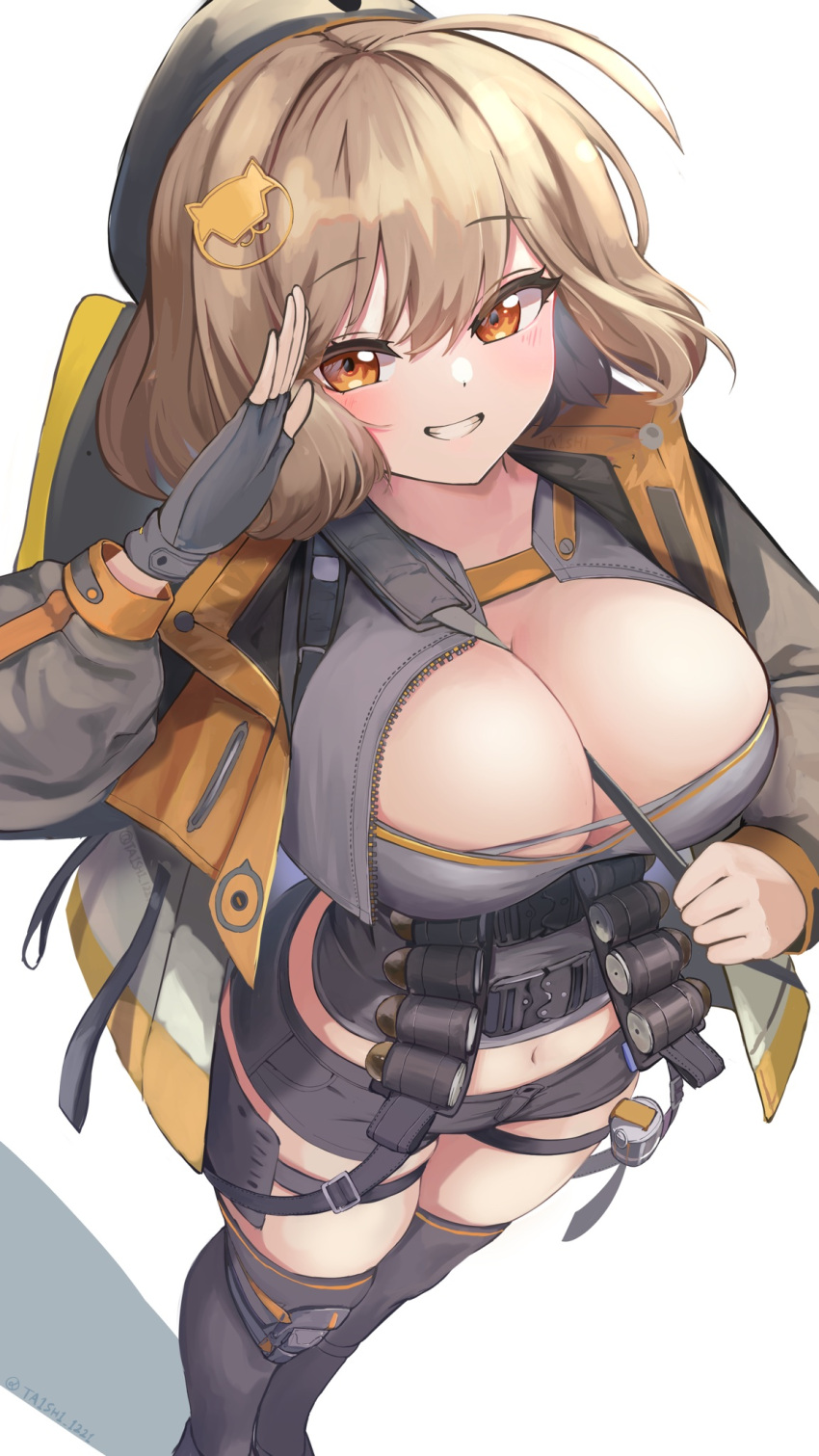 anis_(nikke), bad_link, black_headwear, breasts, brown_hair, cleavage_cutout, clothing_cutout, goddess_of_victory:_nikke, highres, large_breasts, looking_at_viewer, looking_up, salute, ta1sh1, thigh-highs