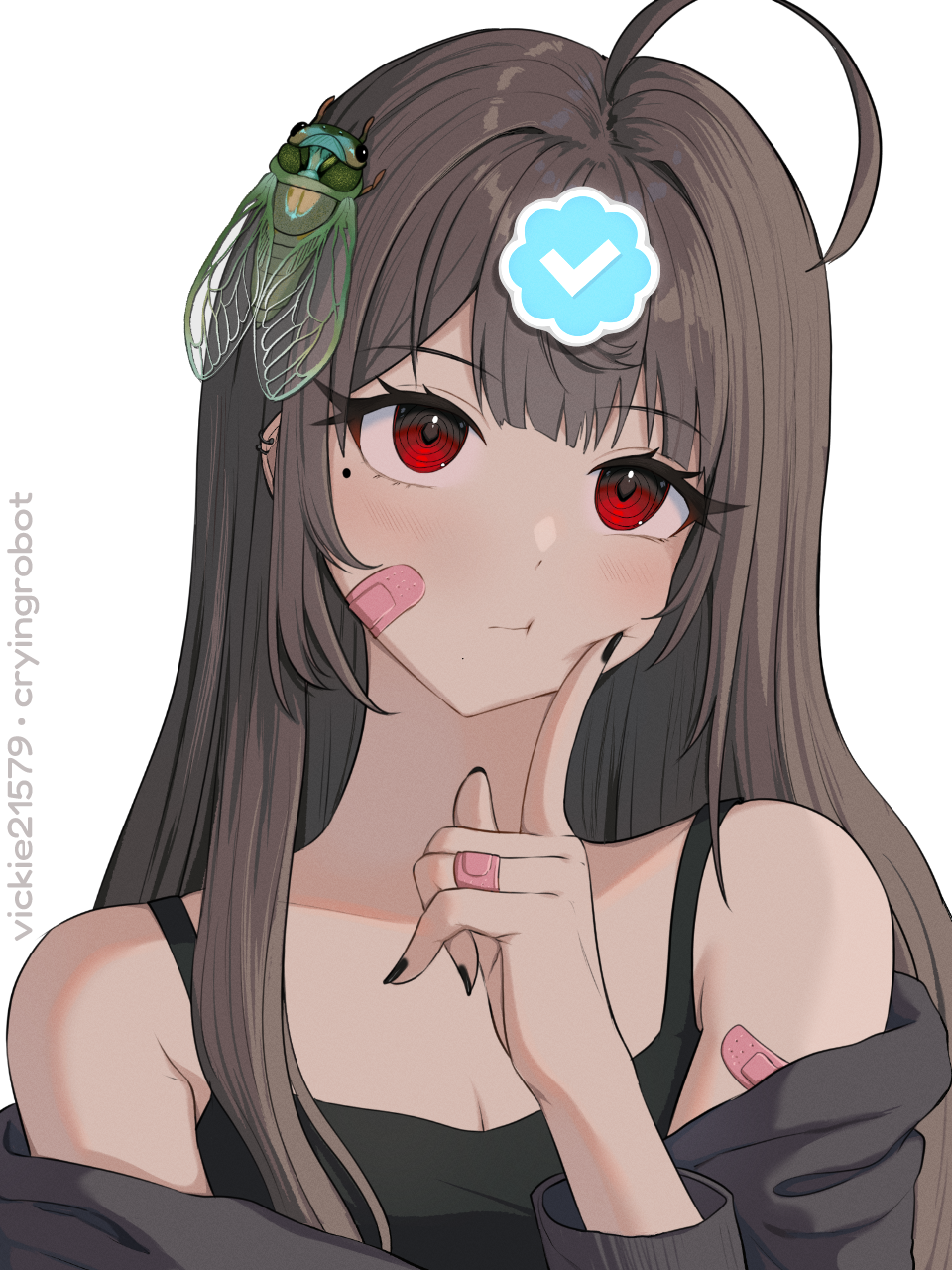 1girl, ahoge, artist_name, bandaid, bangs, black_camisole, black_jacket, black_nails, black_shirt, brown_hair, bug, camisole, cicada, closed_mouth, commentary, hand_on_own_cheek, hand_on_own_face, highres, jacket, jacket_partially_removed, long_hair, looking_up, mole, mole_under_eye, original, pout, red_eyes, shirt, sidelocks, simple_background, sleeveless, sleeveless_shirt, solo, thinking, twitter_verified_checkmark, upper_body, vickie_(cryingrobot), white_background