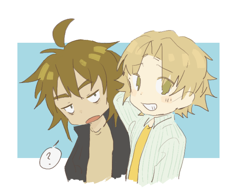 2boys, ?, ahoge, bangs, black_jacket, blonde_hair, chibi, chinese_commentary