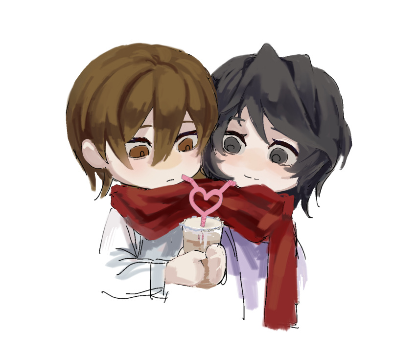 1boy, 1girl, bangs, black_eyes, black_hair, brown_eyes, brown_hair, chibi