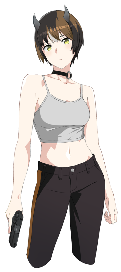 1girl, 774_inc., akitetsu, bangs, black_choker, black_hair, black_pants, breasts