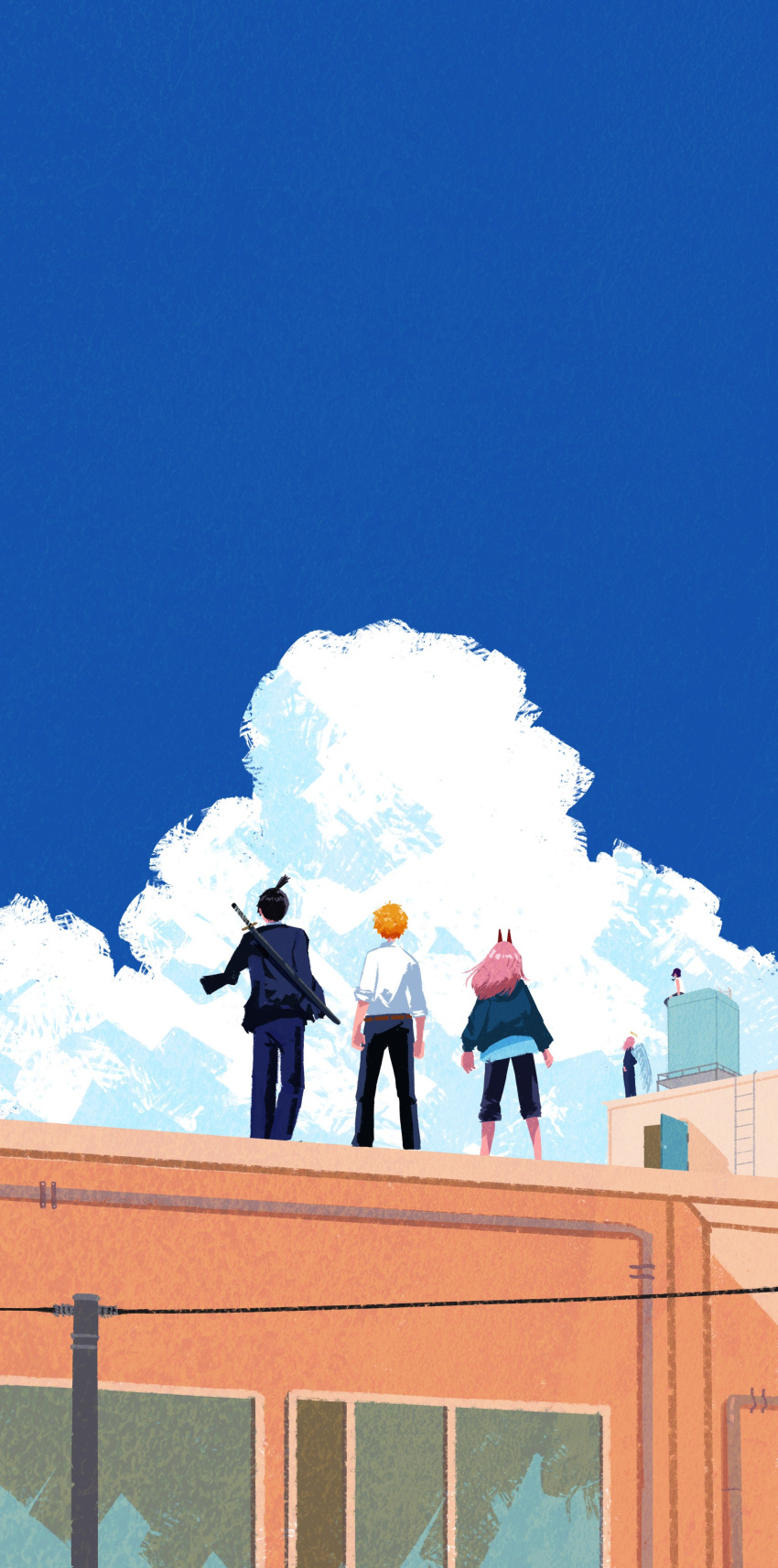 2girls, 3boys, absurdres, angel_devil_(chainsaw_man), angel_wings, black_hair, blonde_hair, blue_background