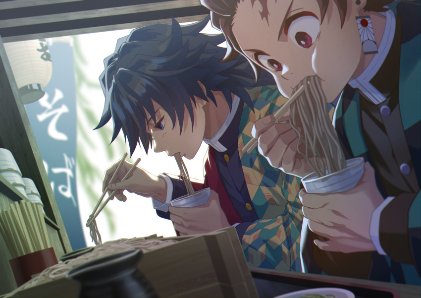 2girls, black_hair, blue_eyes, bright_pupils, brown_hair, camembert_chizuko, checkered_haori, chopsticks