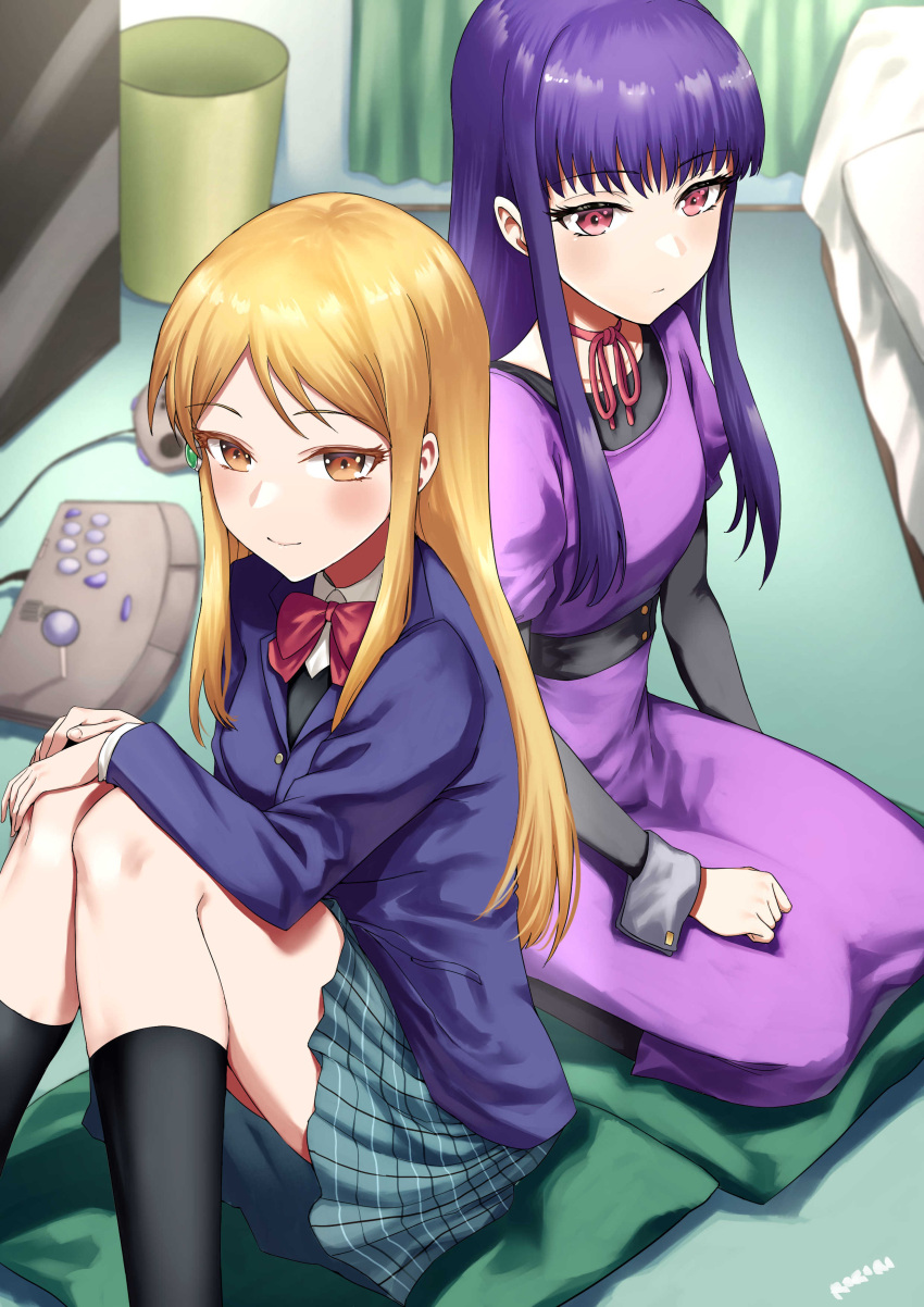 2girls, absurdres, arcade_stick, black_socks, blonde_hair, blush, bow, bowtie