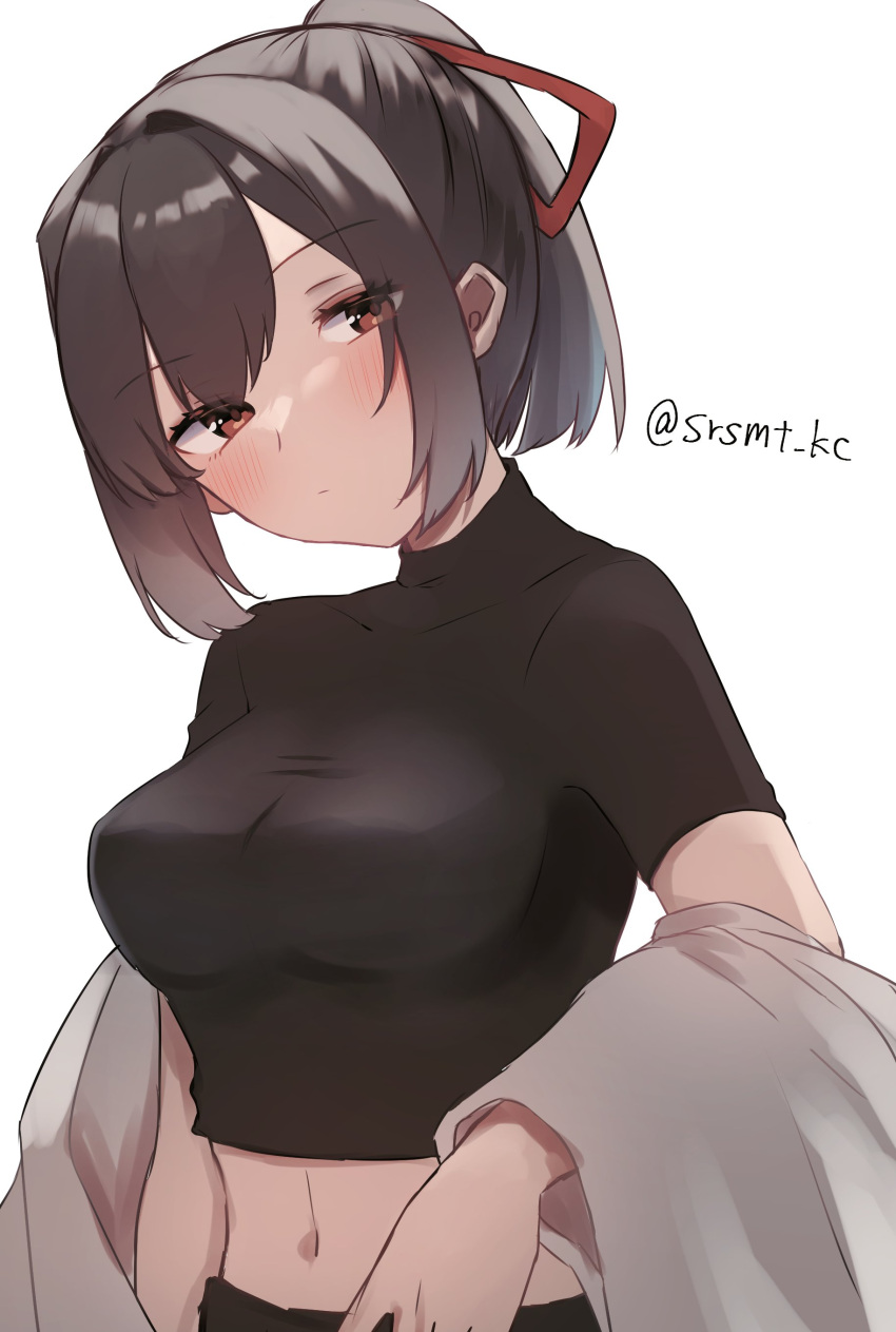 1girl, absurdres, black_shirt, brown_eyes, brown_hair, clothes_removed, coat, hair_ribbon