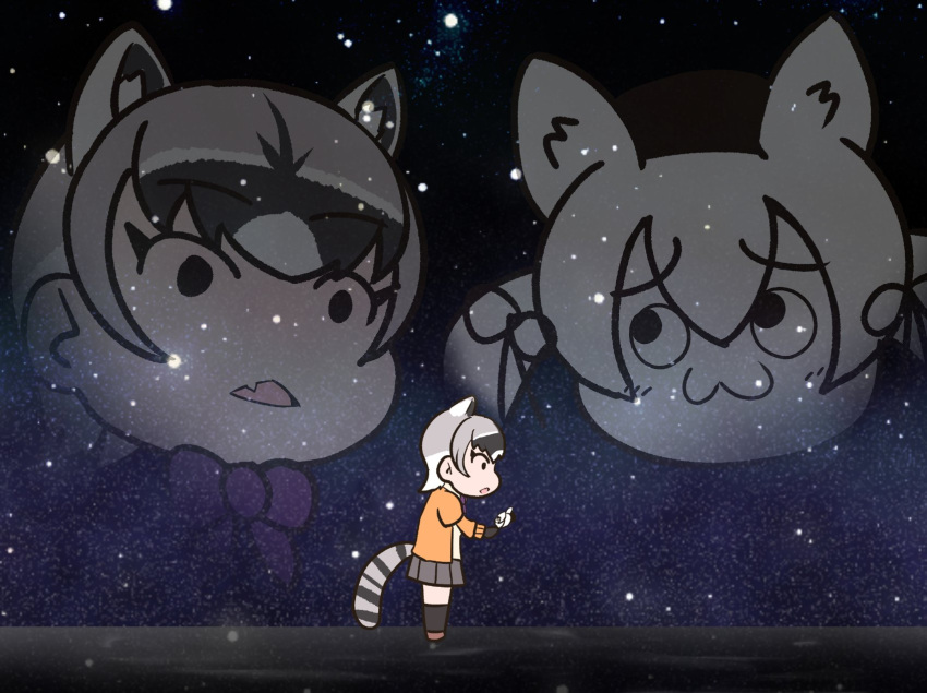animal_costume, animal_ear_fluff, animal_ears, bow, bowtie, cardigan, crab-eating_raccoon_(kemono_friends), extra_ears
