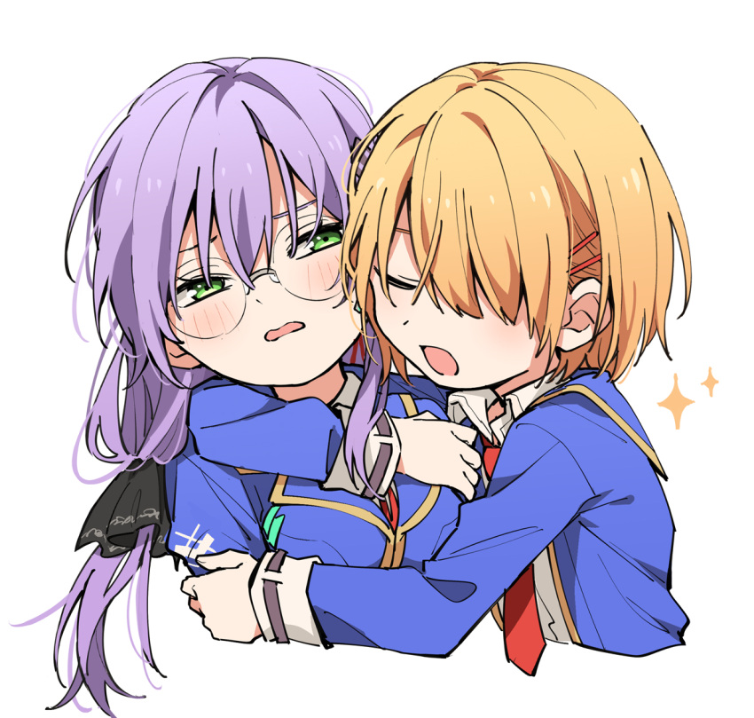 2girls, blue_jacket, chibi, green_eyes, hair_ornament, hair_ribbon, heaven_burns_red, hug