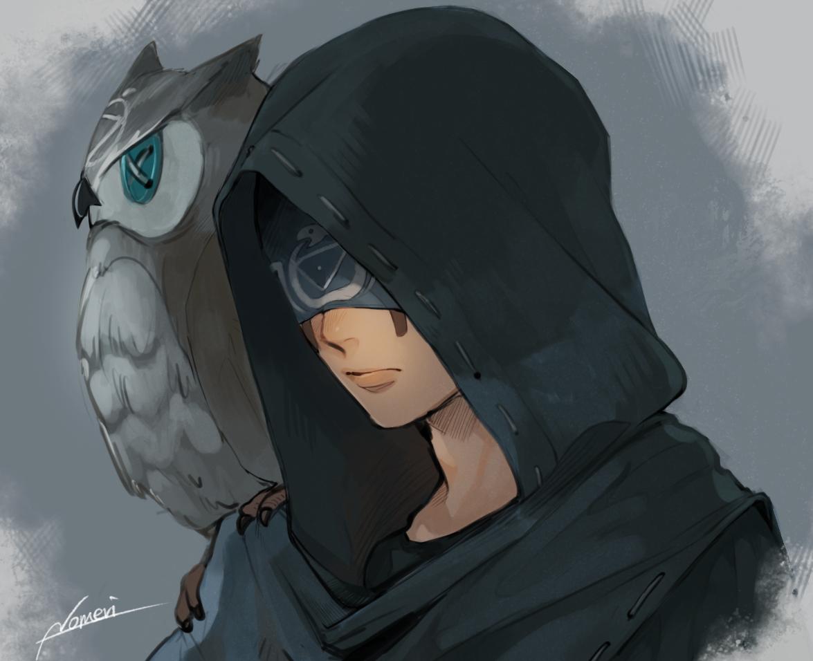 1boy, animal_on_shoulder, bird, bird_on_shoulder, blindfold, blue_blindfold, button_eyes, eli_clark