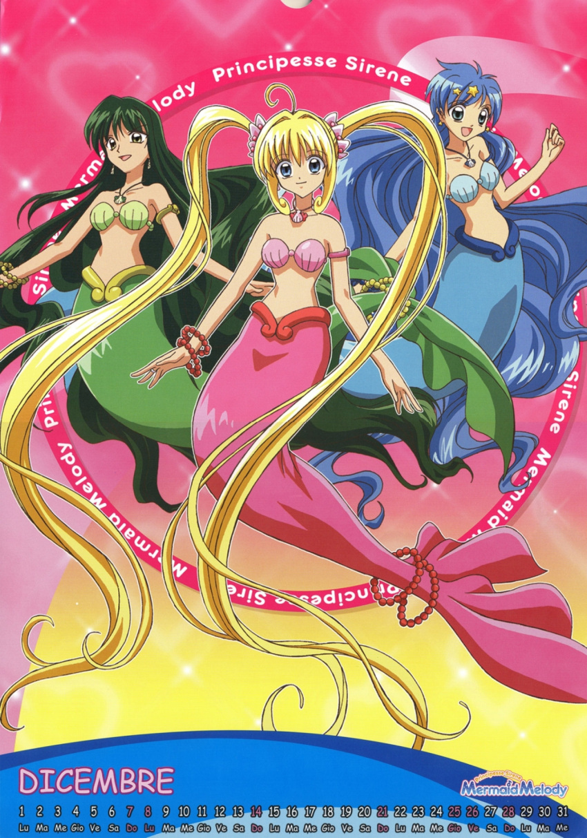 blonde_hair, blue_hair, calendar, green_hair, houshou_hanon, mermaid, mermaid_melody_pichi_pichi_pitch, nanami_luchia