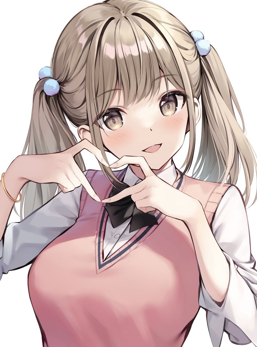 1girl, bangs, black_bow, black_bowtie, blush, bow, bowtie, brown_eyes, brown_hair, commentary, hair_bobbles, hair_ornament, heart, heart_hands, long_sleeves, looking_at_viewer, open_mouth, original, oryo_(oryo04), pink_sweater_vest, shirt, short_hair, simple_background, solo, sweater_vest, symbol-only_commentary, twintails, upper_body, white_background, white_shirt