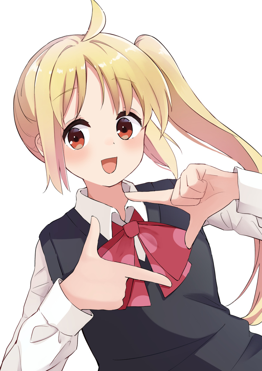 1girl, :d, ahoge, black_sweater_vest, blonde_hair, bocchi_the_rock!, bow, bowtie