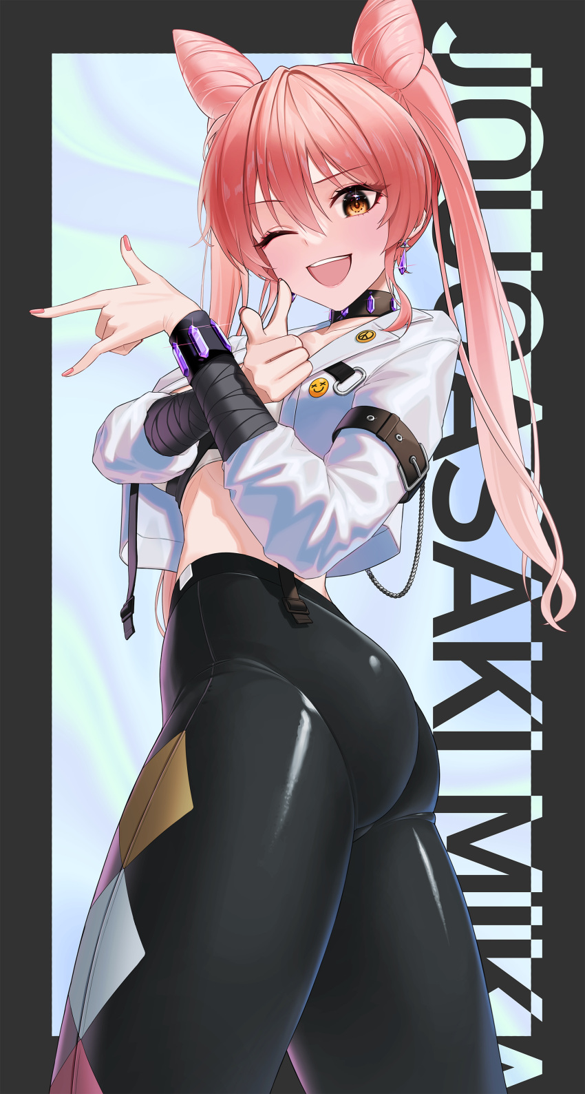 1girl, absurdres, ass, black_choker, bracelet, character_name, choker, finger_gun