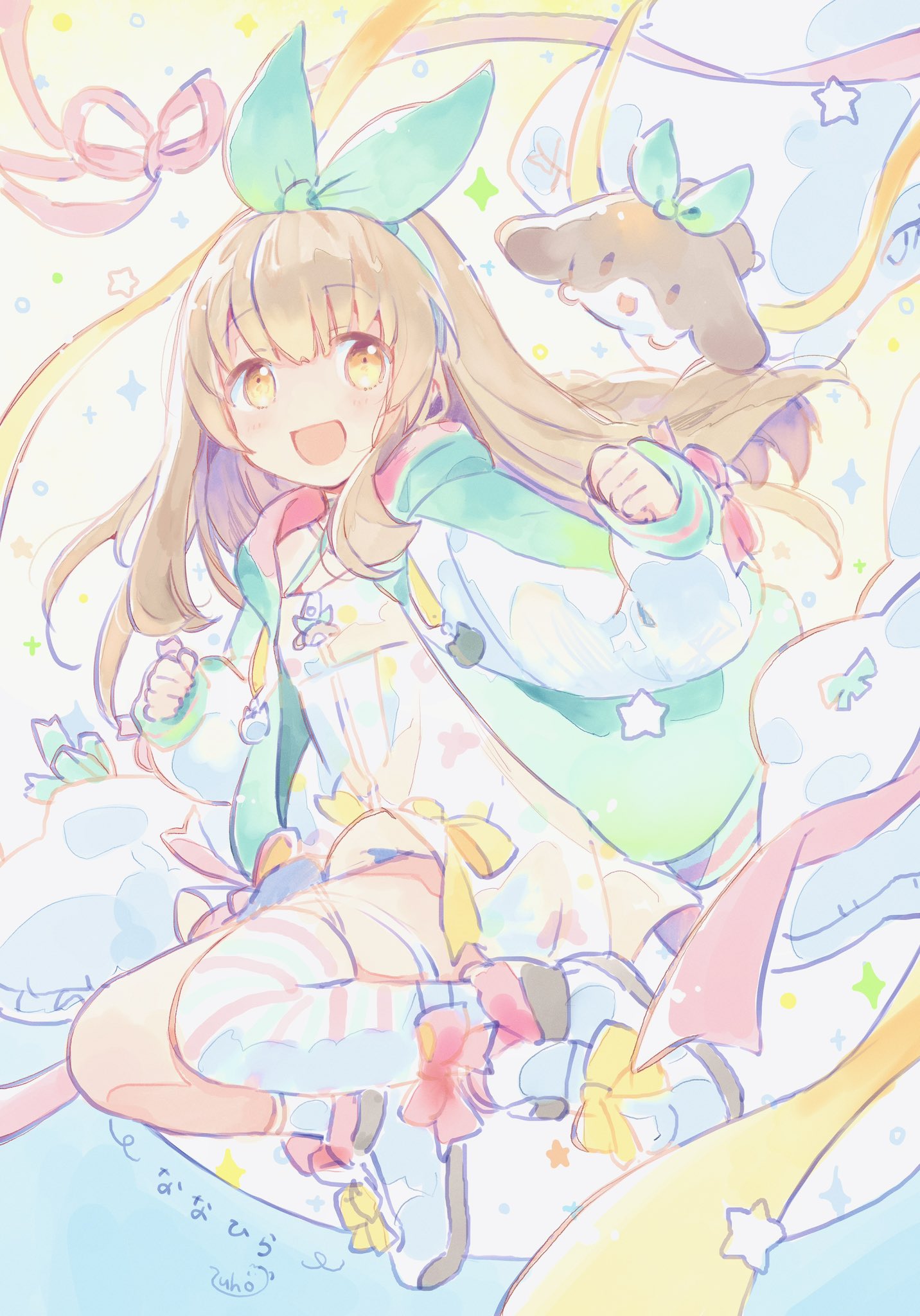 1girl, :d, bangs, bebe_(nanahira), blush, bow, brown_hair, dress