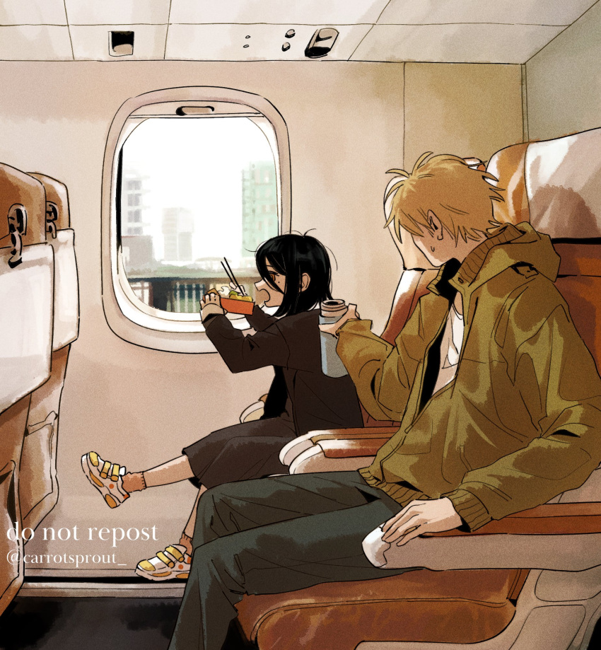 1boy, 1girl, aircraft, airplane, bento, black_dress, black_hair, blonde_hair