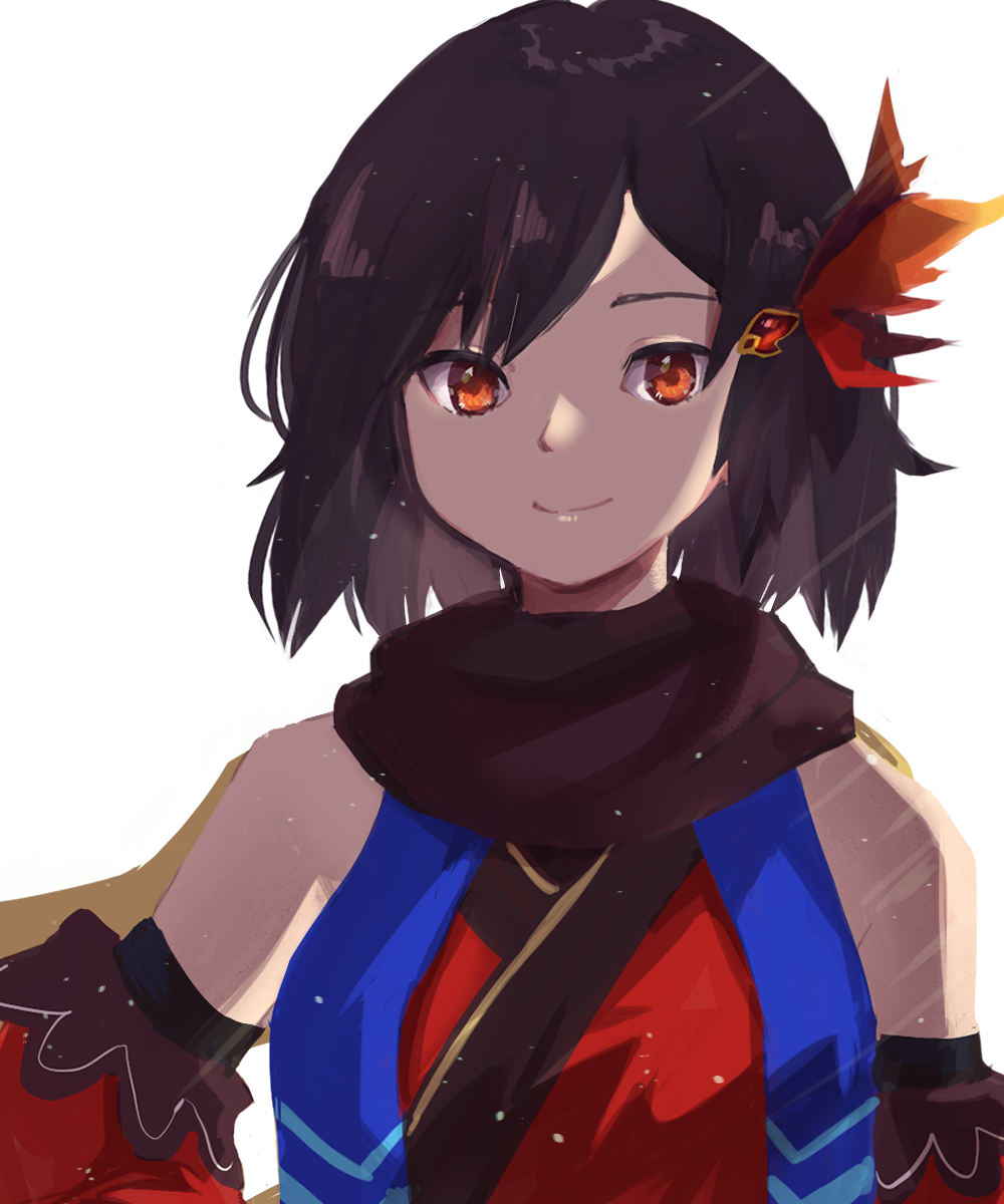 1girl, arm_at_side, bangs, blue_sash, brown_hair, brown_scarf, closed_mouth, detached_sleeves