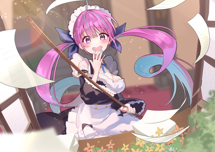 1girl, ahoge, apron, aquarium_(visual_novel), bangs, black_collar, black_dress, blue_bow, blue_hair, blue_nails, blue_ribbon, blurry, blurry_background, blush, bow, breasts, collar, colored_inner_hair, dress, drill_hair, flying_paper, frilled_apron, frills, hair_bow, hair_ribbon, hand_to_own_mouth, highres, holding, hololive, large_breasts, long_hair, long_sleeves, looking_at_viewer, maid, maid_apron, maid_headdress, minato_aqua, multicolored_hair, open_mouth, paper, pink_eyes, pink_hair, ribbon, sidelocks, solo, streaked_hair, twin_drills, twintails, two-tone_hair, virtual_youtuber, wide_sleeves, yoshioka_pochi