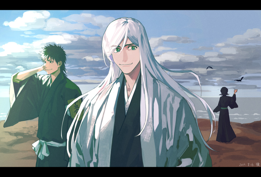 1girl, 2boys, bird, black_hair, bleach, clouds, cloudy_sky, green_eyes