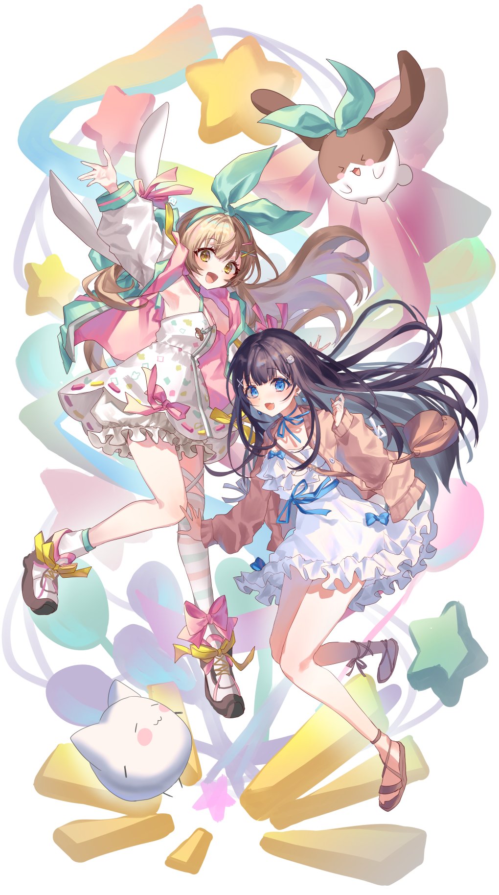 2girls, :d, bangs, bebe_(nanahira), black_hair, blue_eyes, blush, bow