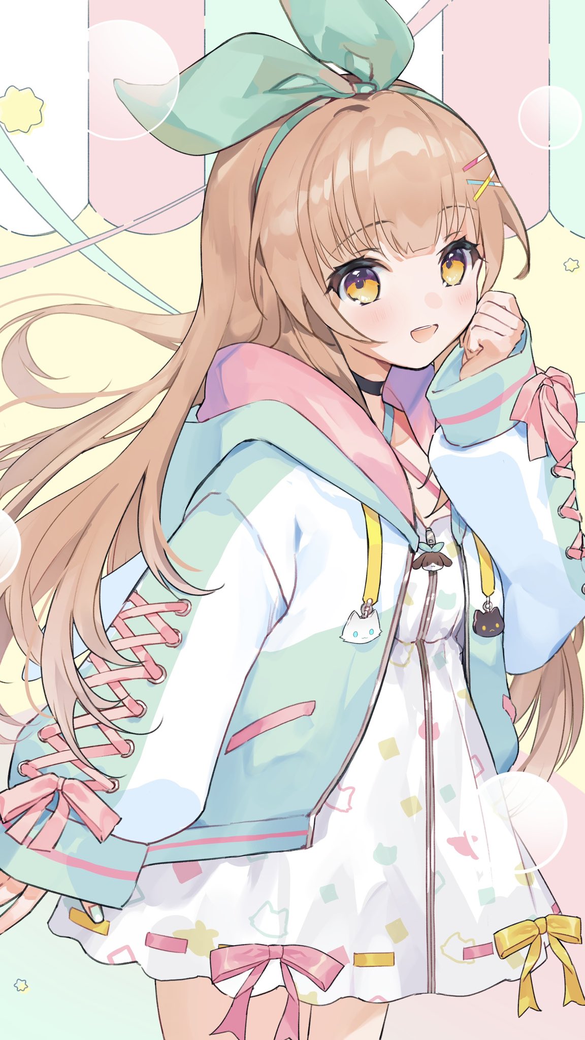 1girl, bangs, blush, bow, brown_hair, cona_kinaco, dress, hair_bow, hair_ornament, hairband, highres, indie_virtual_youtuber, long_hair, looking_at_viewer, nanahira, open_mouth, ribbon, sleeve_ribbon, smile, solo, very_long_hair, virtual_youtuber, yellow_eyes