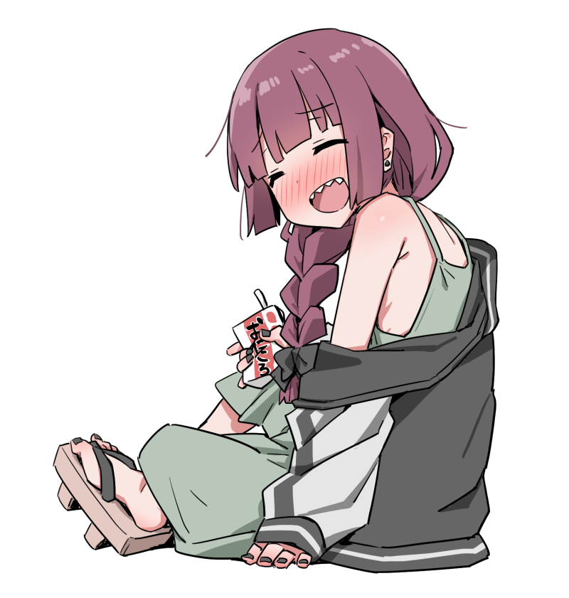 1girl, alcohol, bare_shoulders, black_nails, blush, bocchi_the_rock!, bow, braid