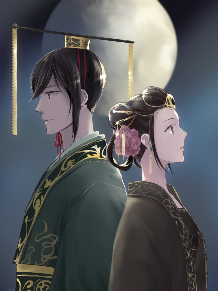1boy, 1girl, back-to-back, black_eyes, black_hair, black_headwear, chinese_clothes, double_bun