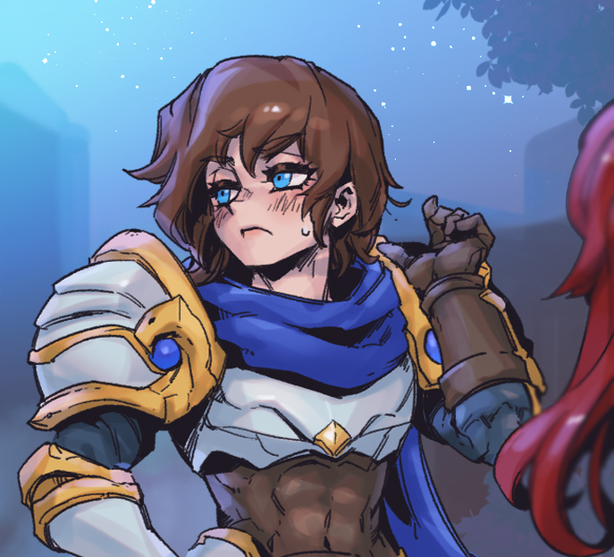 1girl, armor, blue_eyes, blush, breastplate, brown_bodysuit, brown_gloves, brown_hair