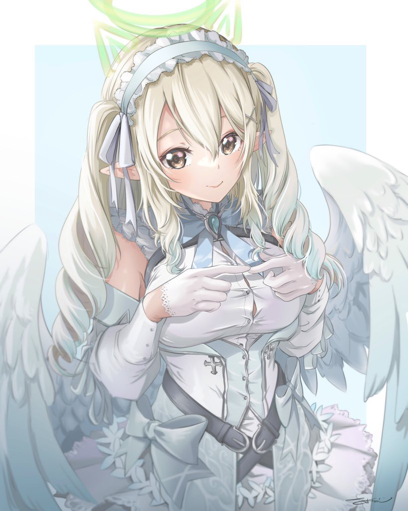 1girl, angel, angel_wings, animal_ears, bangs, breasts, hair_between_eyes, hair_ornament