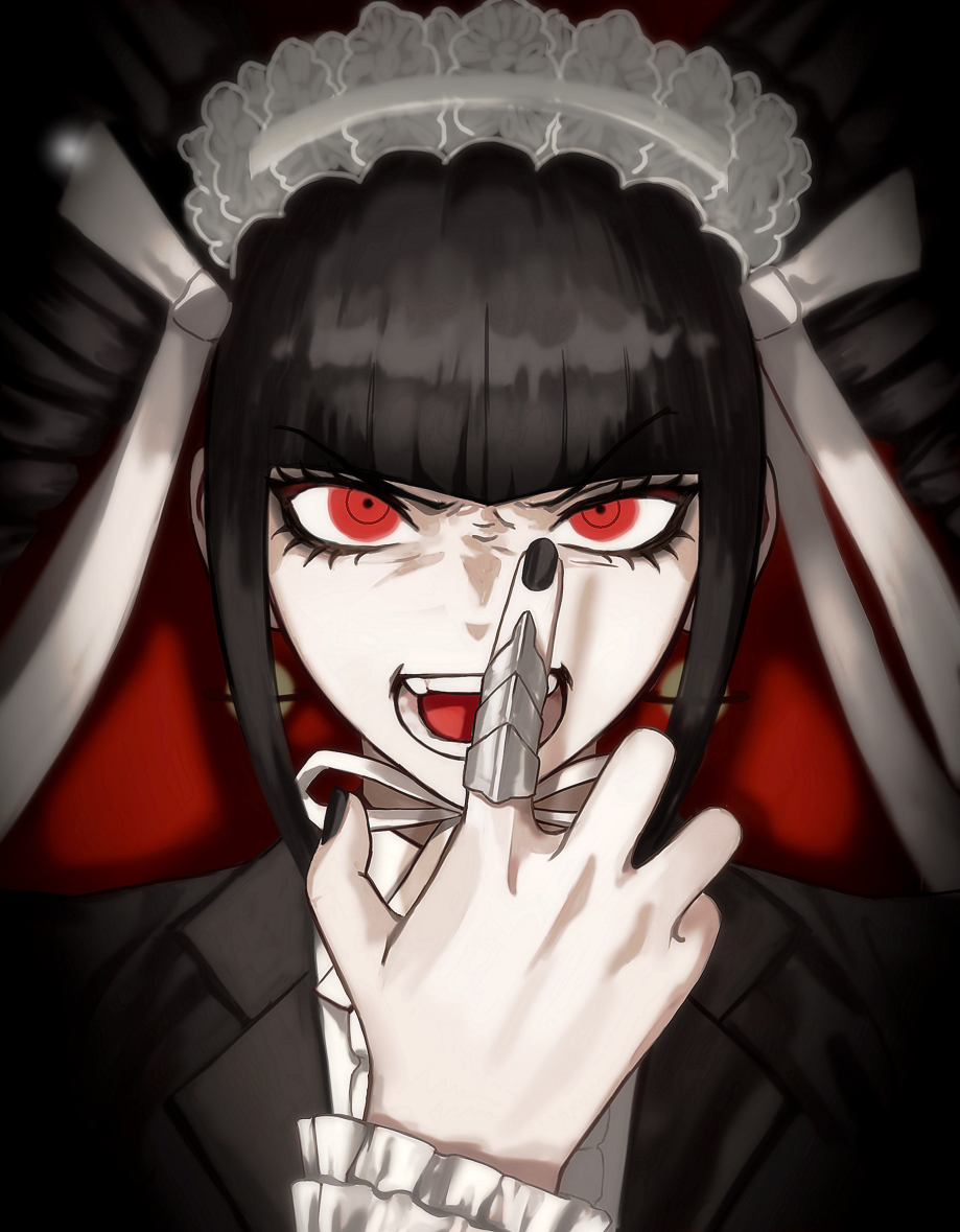 1girl, bangs, black_hair, black_jacket, black_nails, blunt_bangs, bonnet, celestia_ludenberg