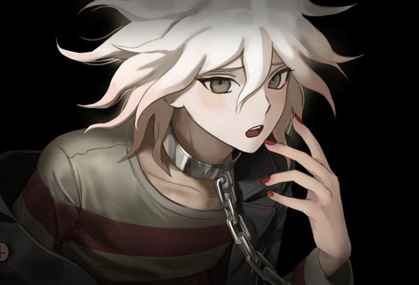1boy, :o, bangs, black_background, black_jacket, brown_eyes, chain, collar