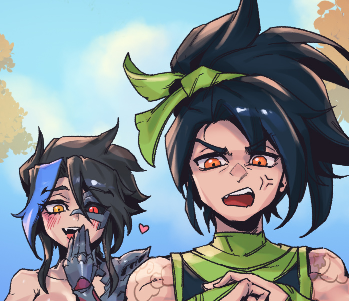 :d, akali, anger_vein, bangs, bare_shoulders, black_hair, black_sclera, blue_hair