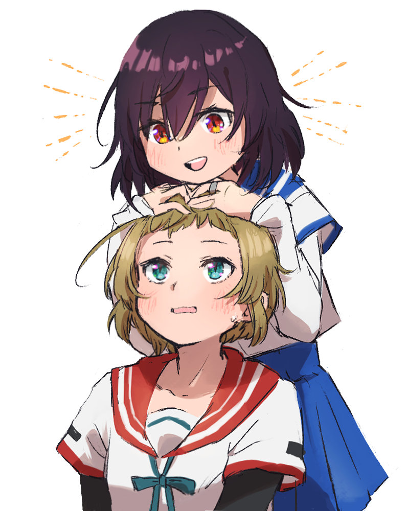 2girls, :d, ahoge, aqua_eyes, aqua_ribbon, arms_at_sides, bangs, black_hair