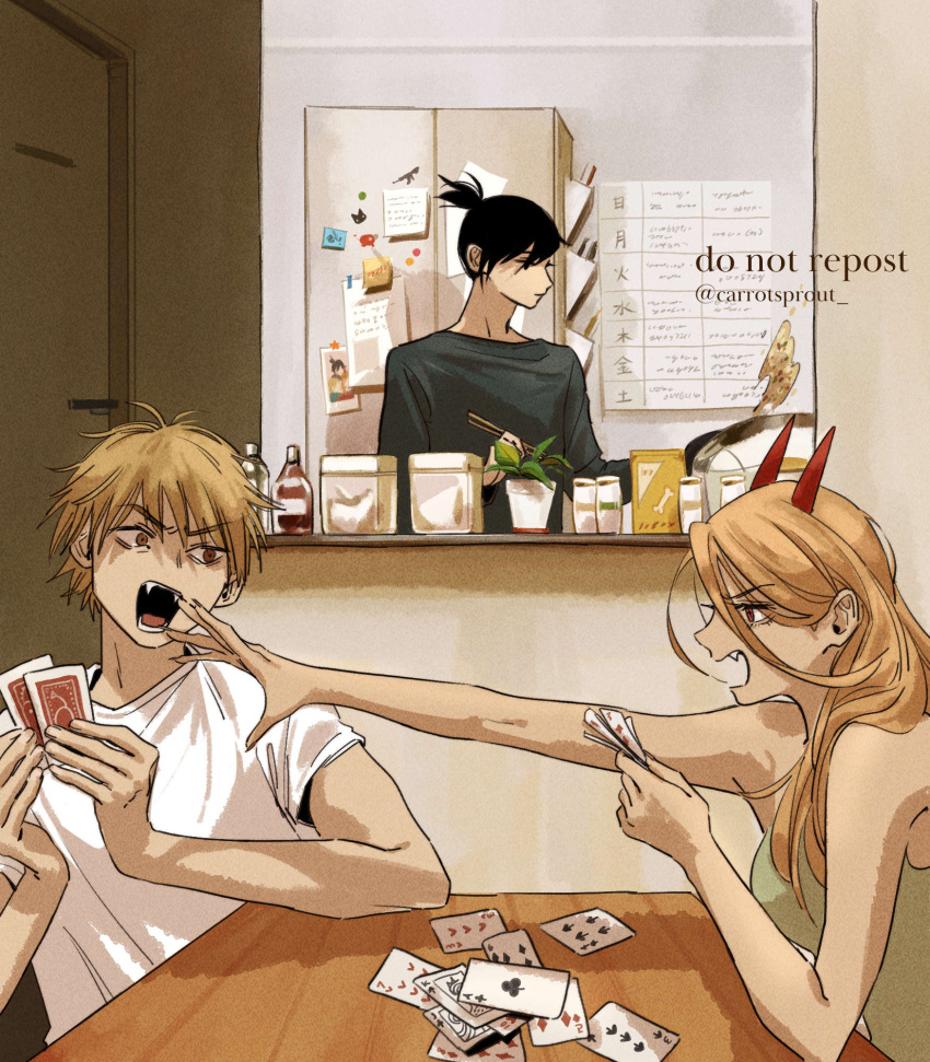 1girl, 2boys, angry, arguing, black_hair, blonde_hair, card, carrotsprout
