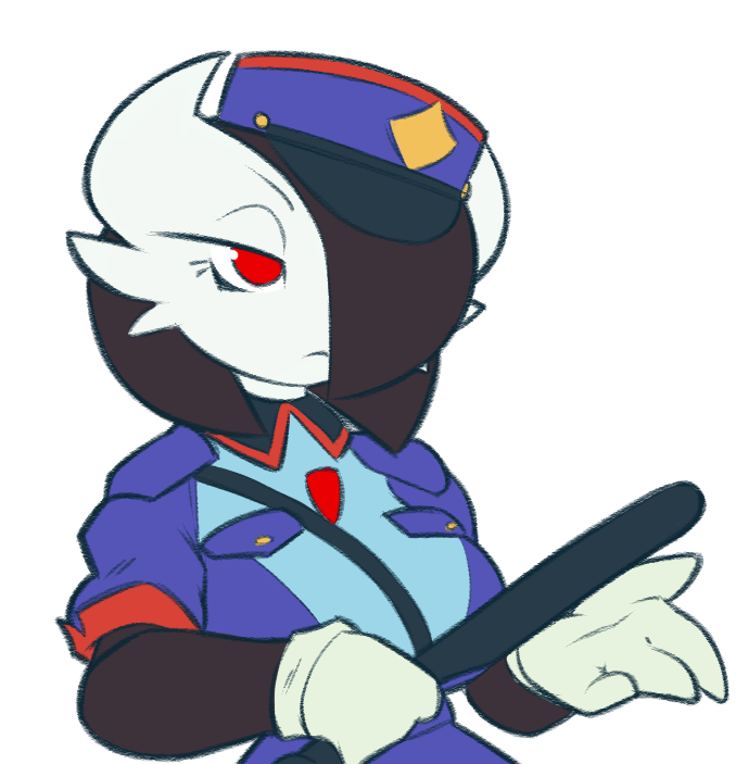 1girl, alternate_color, alternate_shiny_pokemon, bangs, baton_(weapon), black_hair, blue_headwear, blue_shirt, bob_cut, breast_pocket, breasts, closed_mouth, collared_shirt, commentary, commission, cosplay, dorianm_bc, english_commentary, flat_color, gardevoir, gloves, hair_over_one_eye, half-closed_eyes, hands_up, hat, holding, holding_weapon, jenny_(pokemon), jenny_(pokemon)_(cosplay), large_breasts, one_eye_covered, pocket, pokemon, pokemon_(anime), pokemon_(classic_anime), pokemon_(creature), police, police_hat, police_uniform, policewoman, red_eyes, shirt, short_hair, short_sleeves, simple_background, sketch, solo, standing, transparent_background, uniform, upper_body, weapon, white_gloves