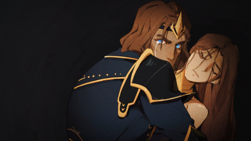 1boy, 1girl, artist_name, bangs, bare_shoulders, black_background, black_jacket, blue_eyes