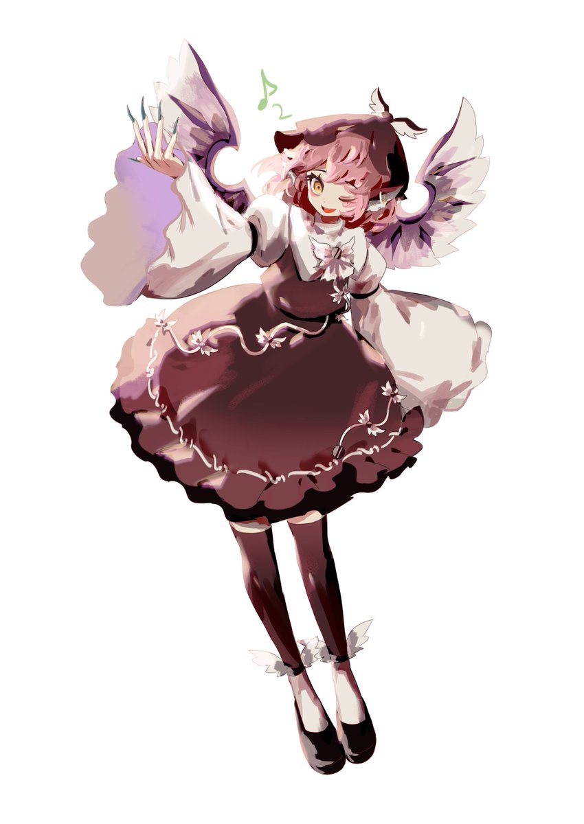 1girl, animal_ears, bird_ears, bird_wings, black_footwear, brown_dress, brown_headwear, brown_thighhighs
