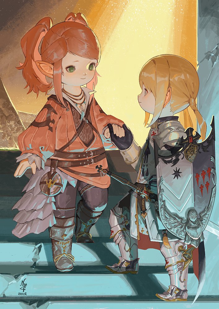 2girls, armor, avatar_(ff14), bangs, belt, black_footwear, black_gloves, black_pants