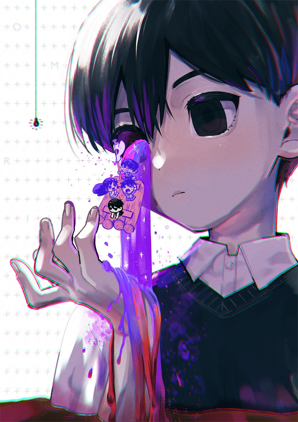 1girl, 4boys, aubrey_(omori), bangs, black_eyes, black_hair, black_vest, chromatic_aberration