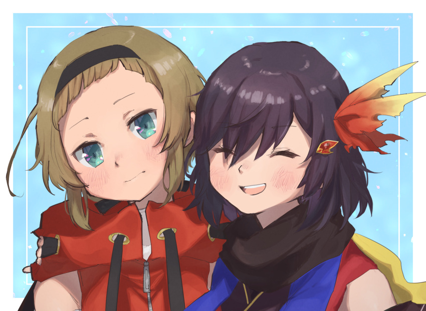 2girls, :d, annoyed, aqua_eyes, bangs, black_hair, black_hairband, black_ribbon