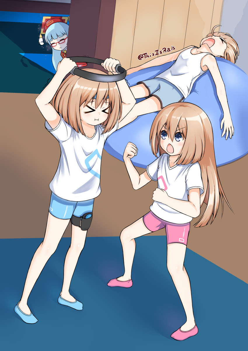 >_<, >o<, 4girls, absurdres, alternate_costume, arms_up, bare_legs, bike_shorts