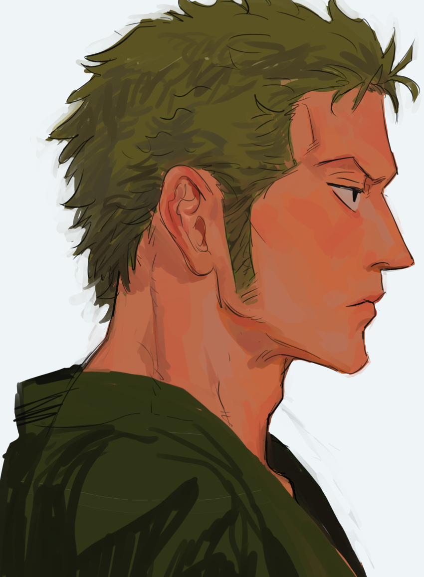 1boy, absurdres, expressionless, from_side, green_hair, highres, long_sideburns, looking_to_the_side, male_focus, no.6_(numberr_6), one_piece, portrait, roronoa_zoro, short_hair, sideburns, solo, unfinished