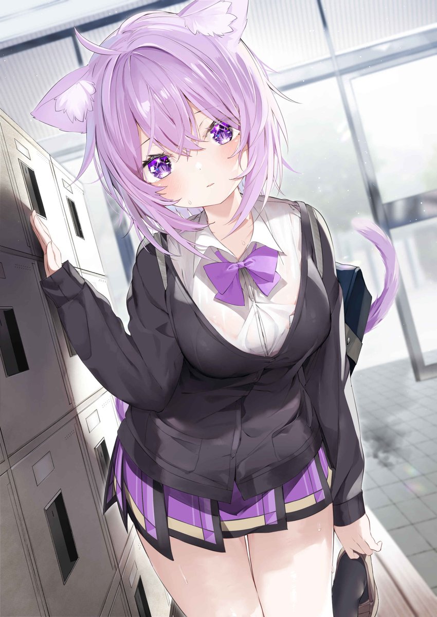 1girl, animal_ear_fluff, animal_ears, bangs, black_cardigan, blush, bow, breasts