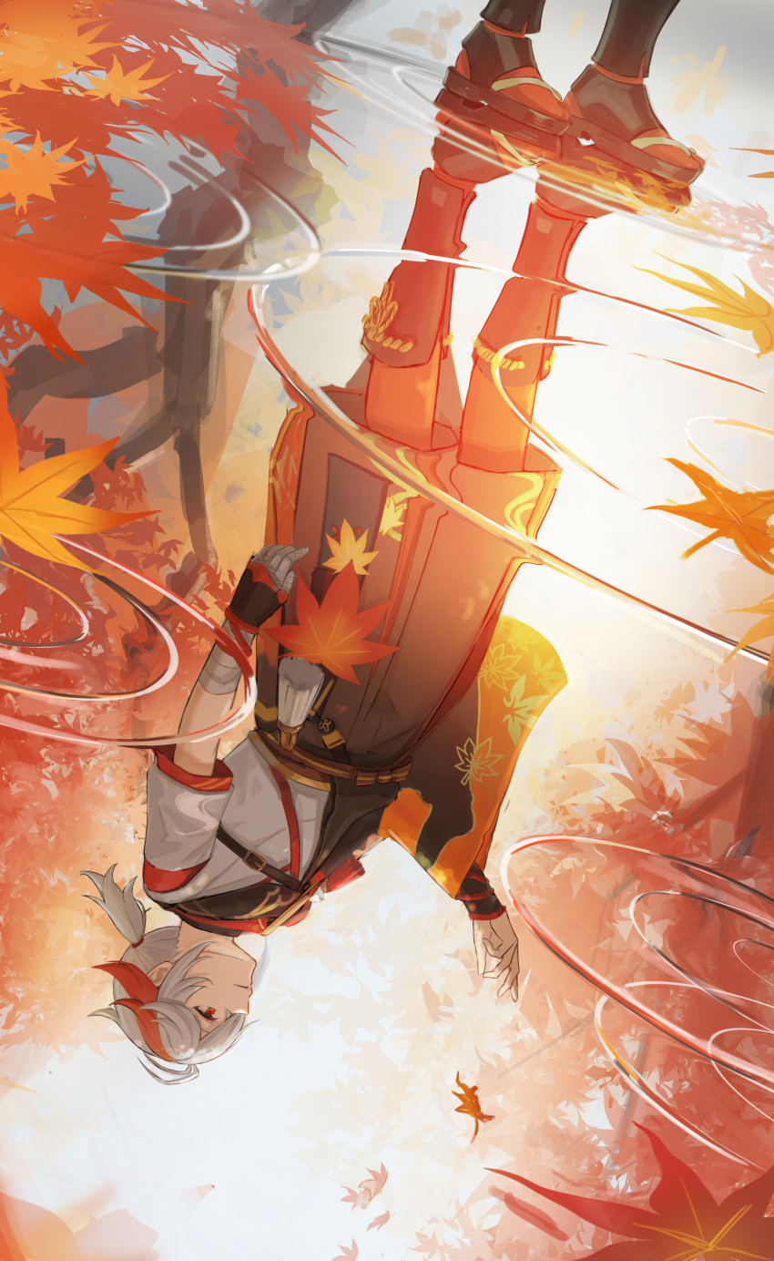 1boy, absurdres, autumn, autumn_leaves, bandages, genshin_impact, highres, kaedehara_kazuha