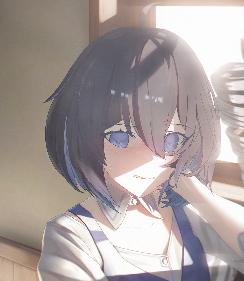 2girls, bangs, blue_eyes, blue_hair, blue_vest, bronya_zaychik, close-up, drill_hair