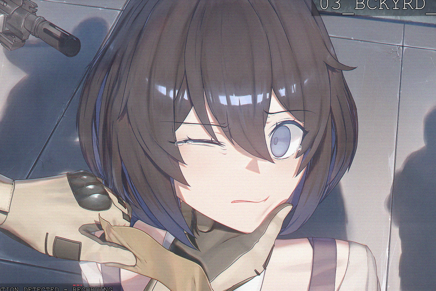 1girl, 1other, assault_rifle, bangs, blue_hair, brown_gloves, close-up, crying, crying_with_eyes_open, gloves, gun, highres, honkai_(series), honkai_impact_3rd, looking_at_viewer, one_eye_closed, open_mouth, parted_lips, rifle, seele_vollerei, seele_vollerei_(swallowtail_phantasm), shadow, sileeeeence, solo_focus, tears, weapon